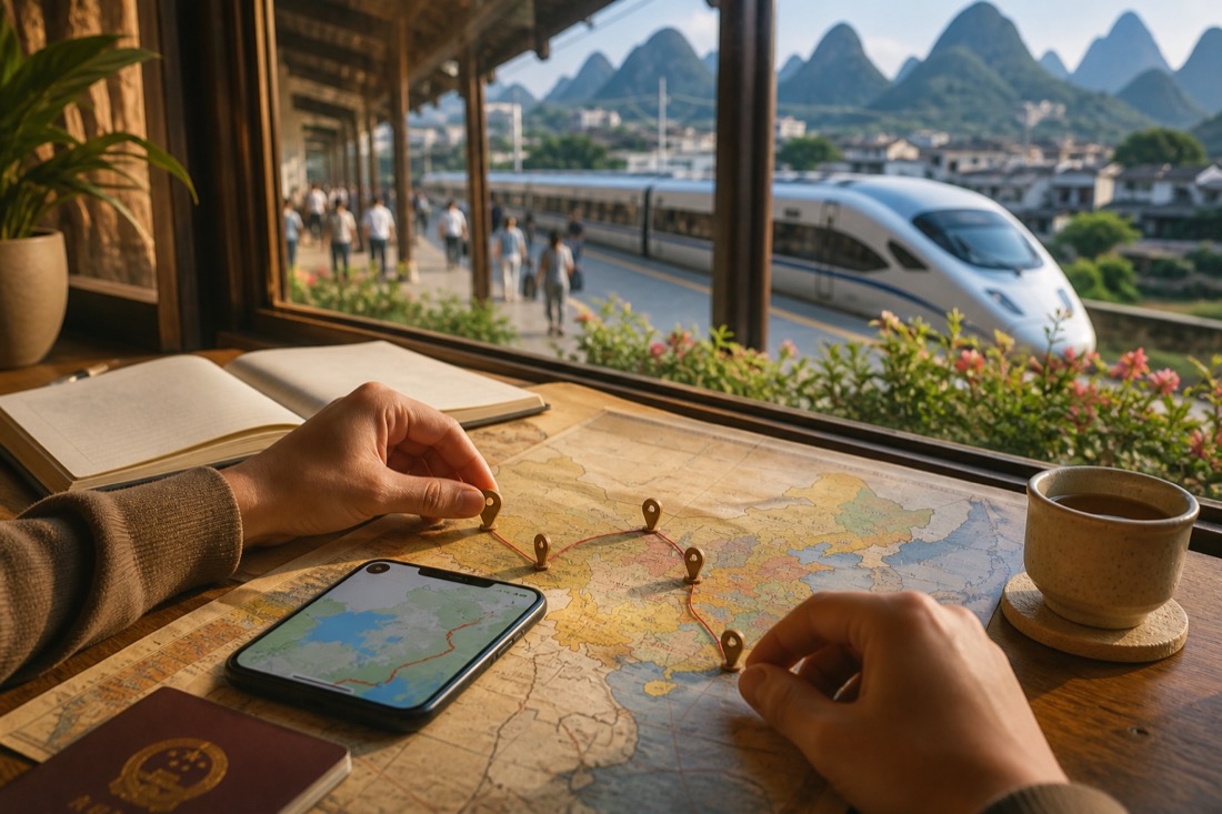Hands planning a rail route on a paper map beside a train station window.