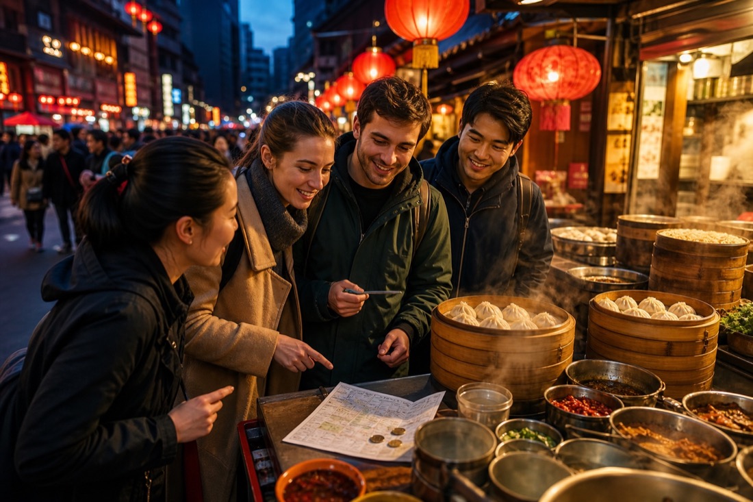 Travellers tasting street food in a lantern-lit night market.