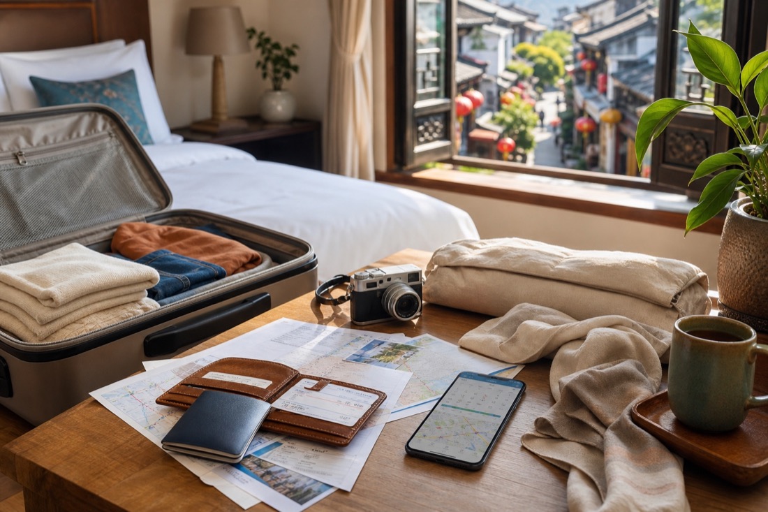 A packed suitcase, itinerary papers, passport, and phone on a sunlit hotel desk.